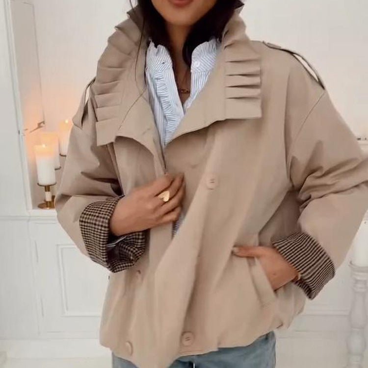 Women's Short Cut Boxy Utility Jacket with Pleated Collar and Check Inner Cuffs Mune Fashion