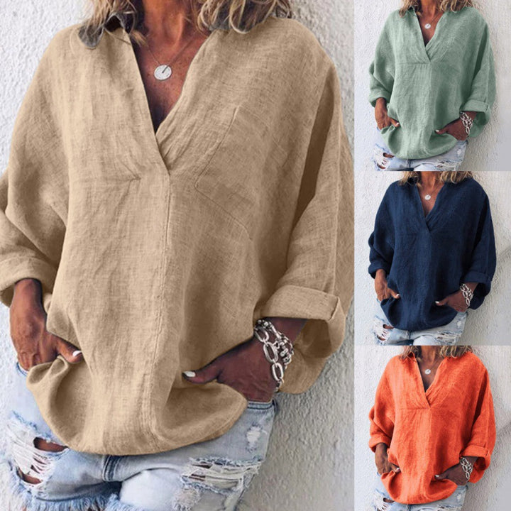 Women's Loose Linen Tunic with V-Neck and Roll-Up Sleeves Mune Fashion