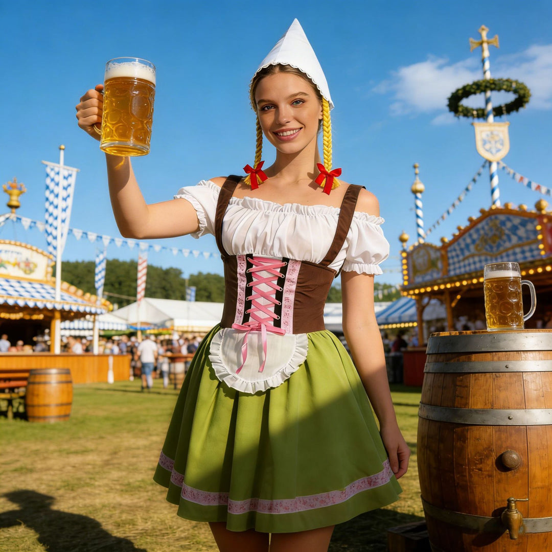 Ladies traditional dirndl costume with lacing, apron and pointed headscarf Mune Fashion