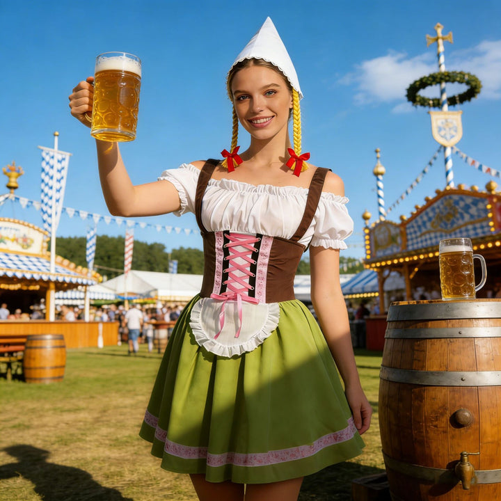 Ladies traditional dirndl costume with lacing, apron and pointed headscarf Mune Fashion