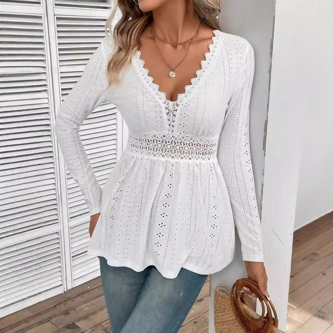 Ladies romantic Broderie-Anglaise tunic with waist lace band and V-neck Mune Fashion