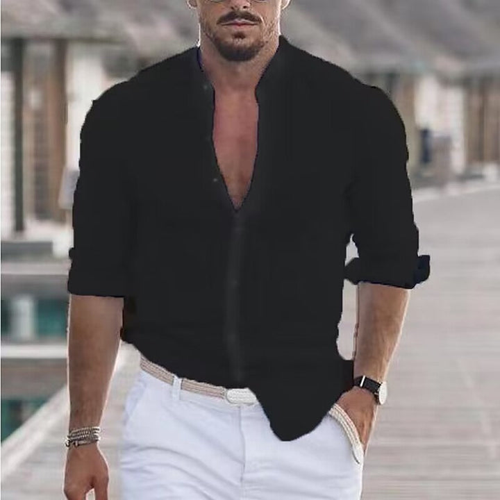 Men's Casual Linen Shirt with Modern Stand-Up Collar and Roll-Up Sleeves Mune Fashion