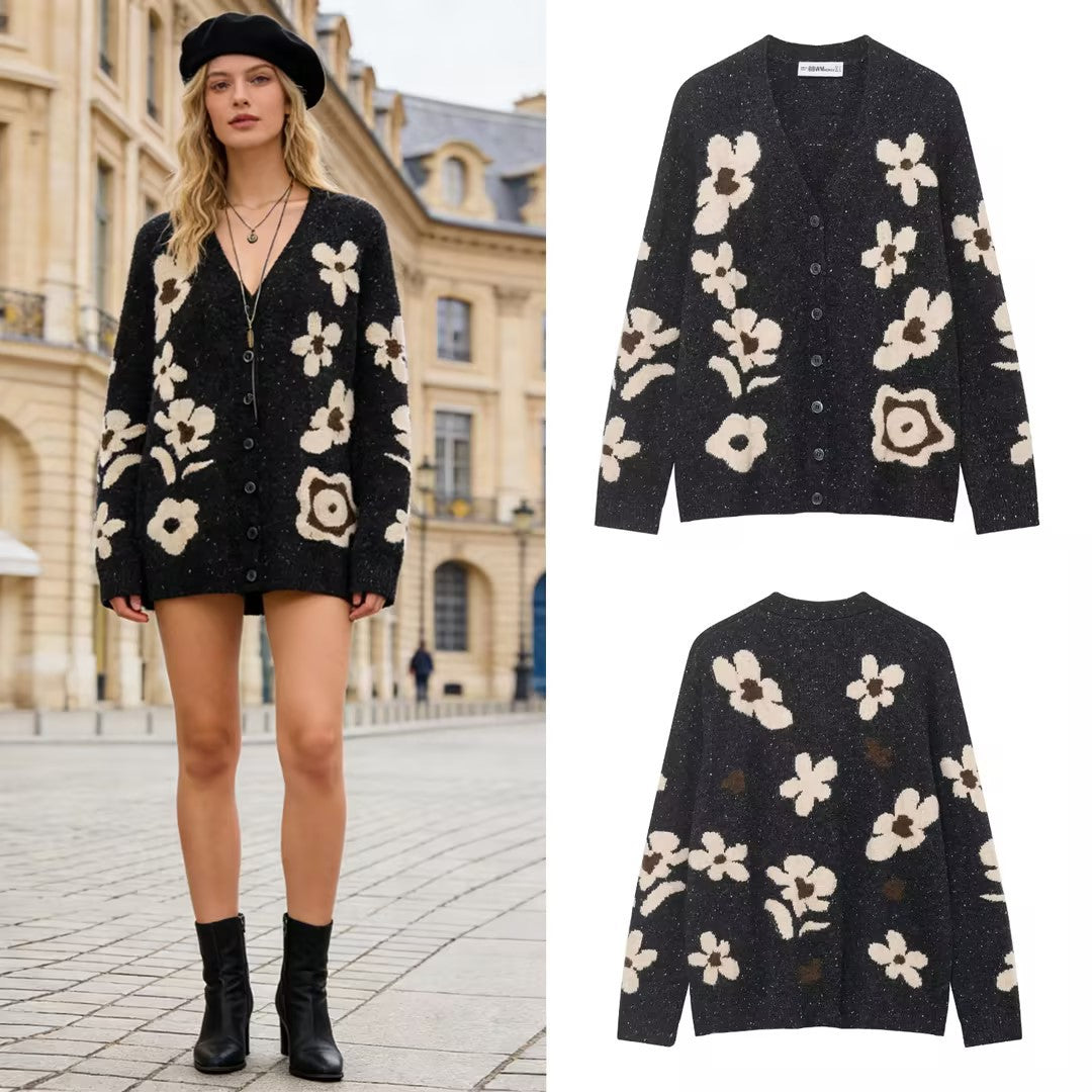 Women's Short Cardigan with Leopard Print and Pearl Flower Buttons Mune Fashion