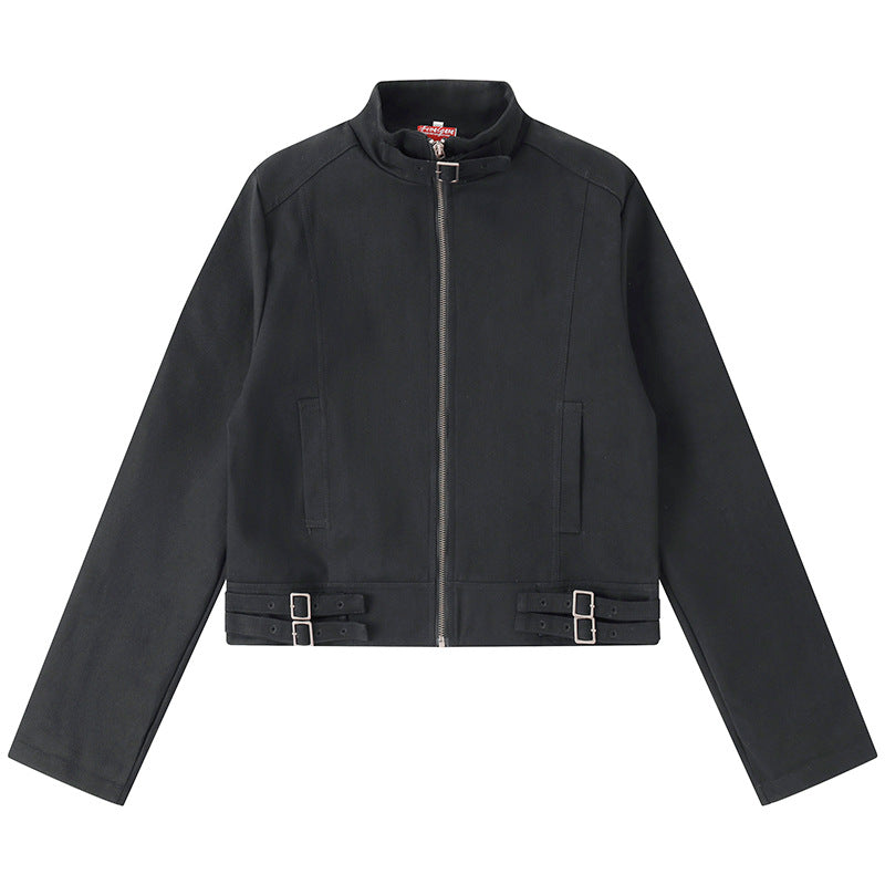 Women's Short Cut Cotton Utility Jacket with Stand-Up Collar Front Zip and Adjustable Waist Straps Mune Fashion