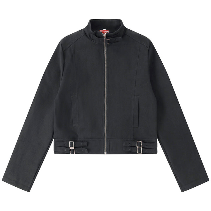 Women's Short Cut Cotton Utility Jacket with Stand-Up Collar Front Zip and Adjustable Waist Straps Mune Fashion