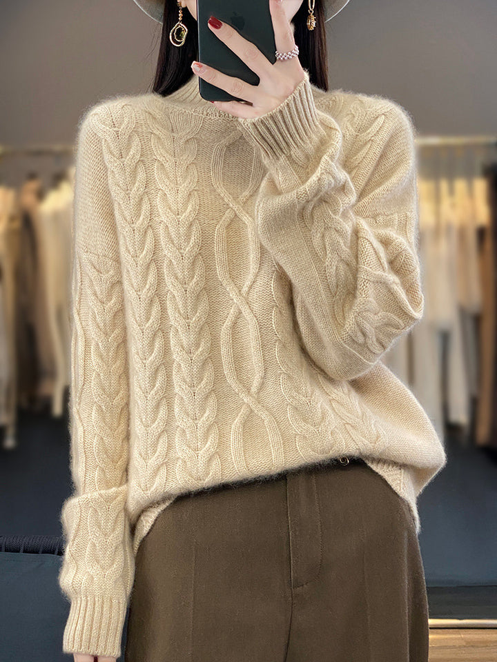 Women's Oversize Cable Knit Sweater with Mohair Look and Ribbed Cuffs Mune Fashion