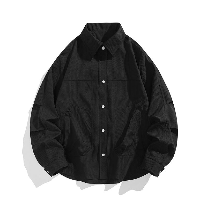 Men's Lightweight Oversized Shirt Jacket with Snap Button Placket, Textured Fabric & Patch Pockets Mune Fashion