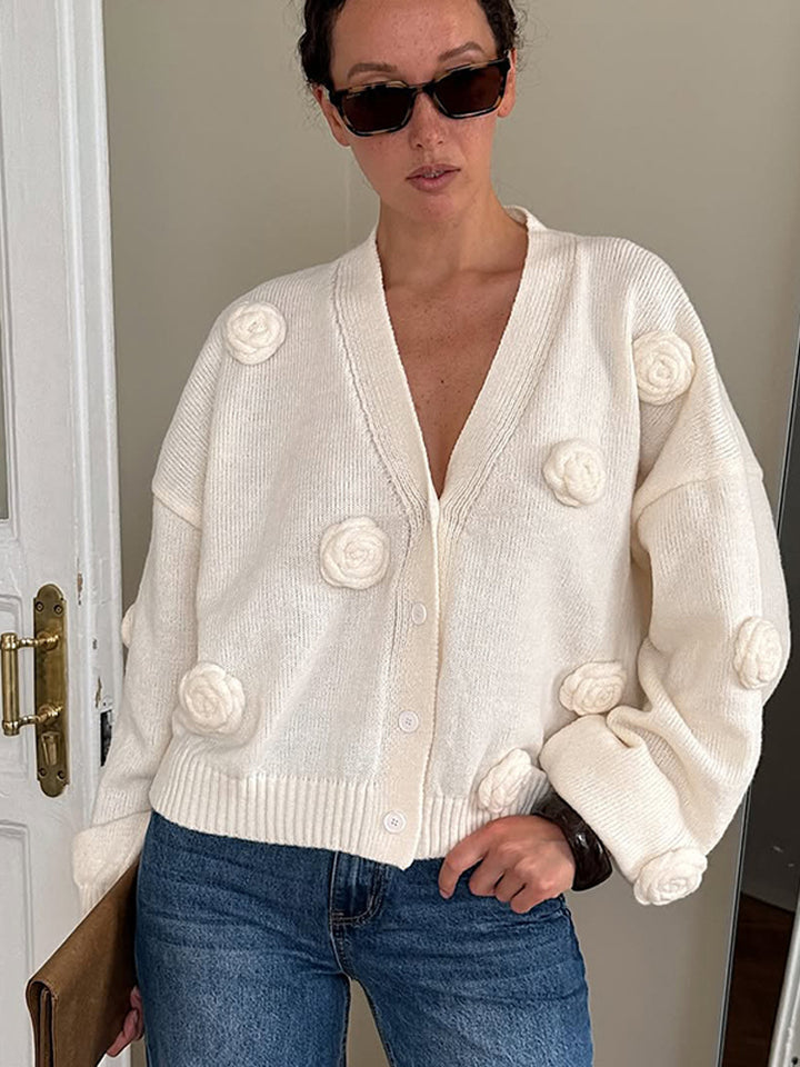 Women's Oversized Knit Cardigan with Three-Dimensional Rose Appliqués and V-Neck Mune Fashion