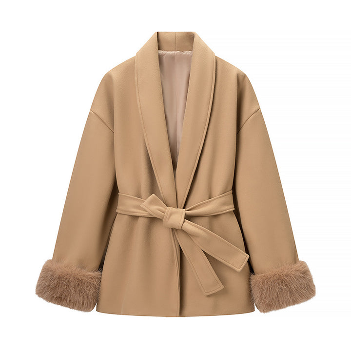 Women’s Wrap Coat with Tie Belt and Fur Trim on the Sleeves Mune Fashion