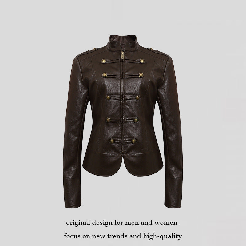 Women’s fitted leather jacket in military style with stand-up collar and decorative button placket Mune Fashion