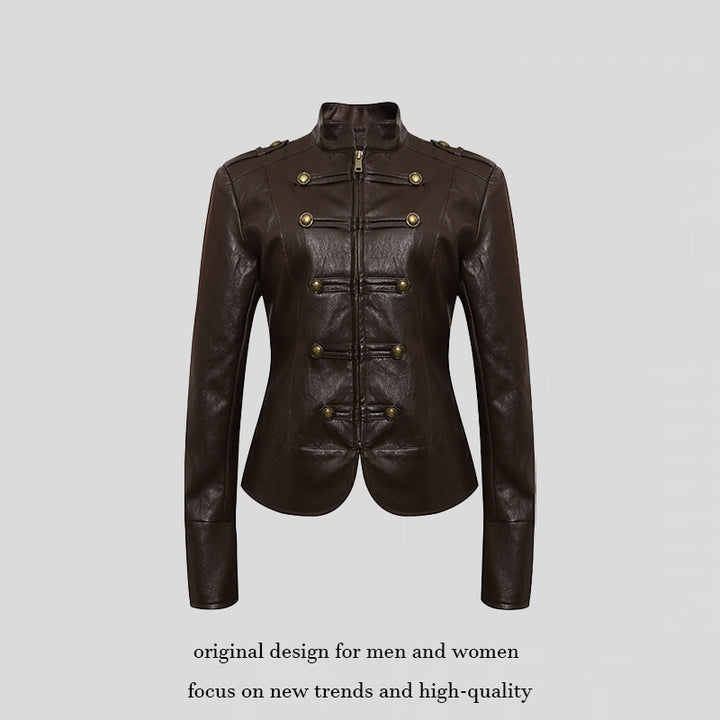 Women’s fitted leather jacket in military style with stand-up collar and decorative button placket Mune Fashion