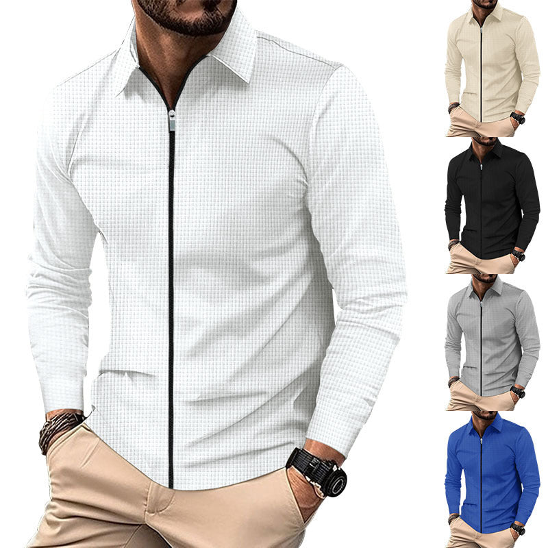 Men's structured long-sleeve polo in waffle knit with shirt collar and narrow shoulder section Mune Fashion