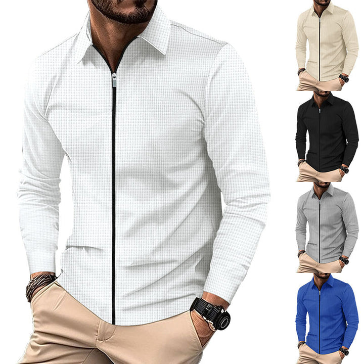 Men's structured long-sleeve polo in waffle knit with shirt collar and narrow shoulder section Mune Fashion