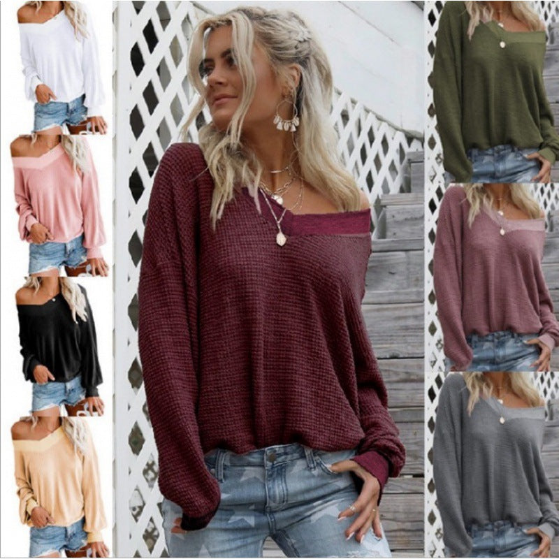 Women Loose Waffle Knit Sweater with Wide Off-Shoulder Neckline and Oversized Cut Mune Fashion