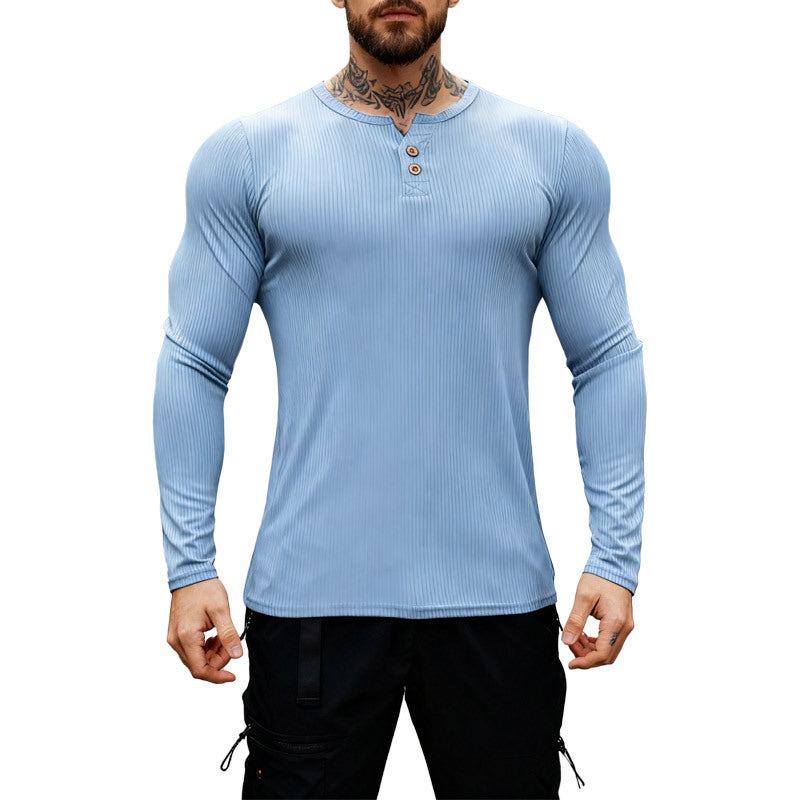 Men's ribbed long-sleeve Henley shirt with flat button placket and fitted stretch fit Mune Fashion