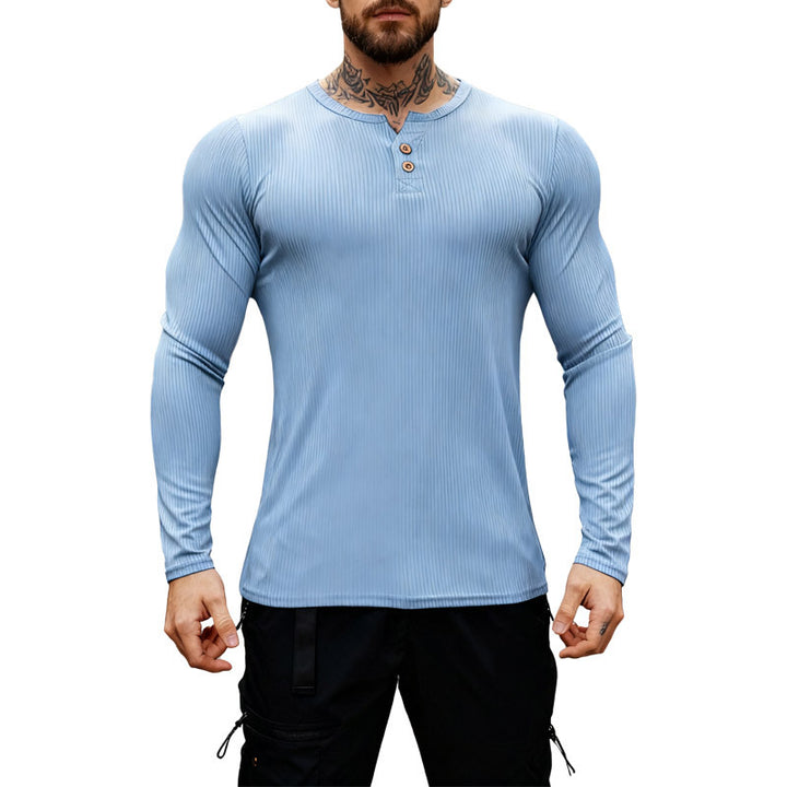 Men's ribbed long-sleeve Henley shirt with flat button placket and fitted stretch fit Mune Fashion