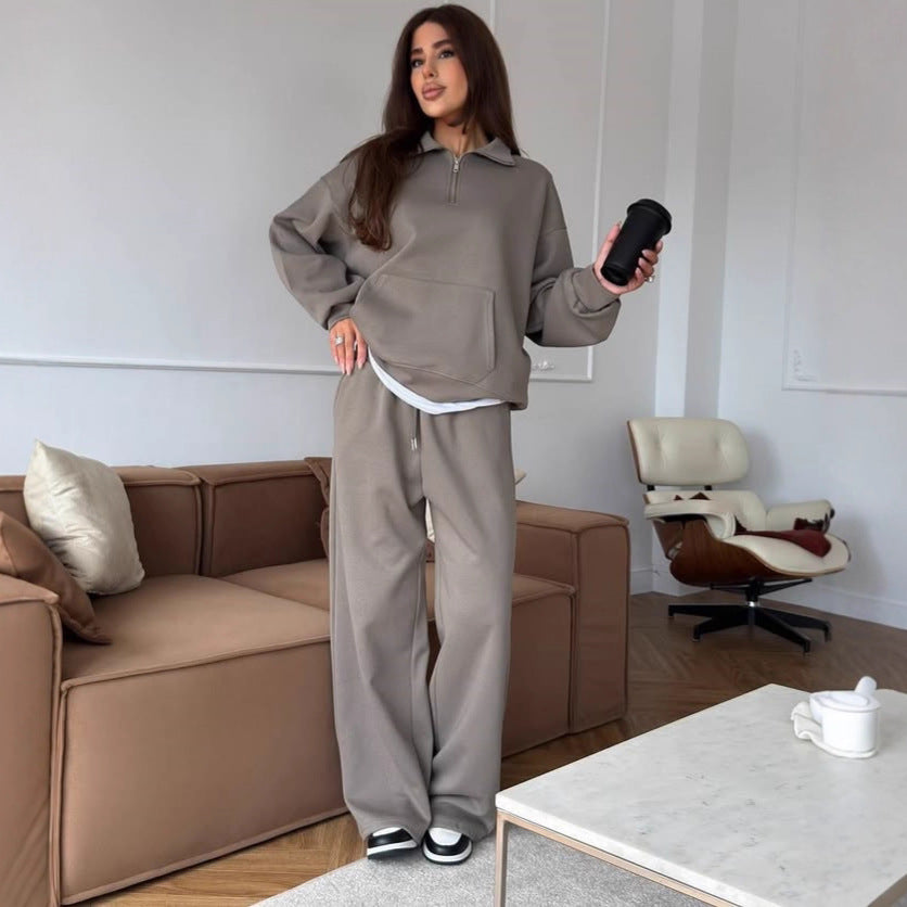 Women nan wide half-zip lounge set with hoodie, kangaroo pocket and flowing wide-leg pants Mune Fashion
