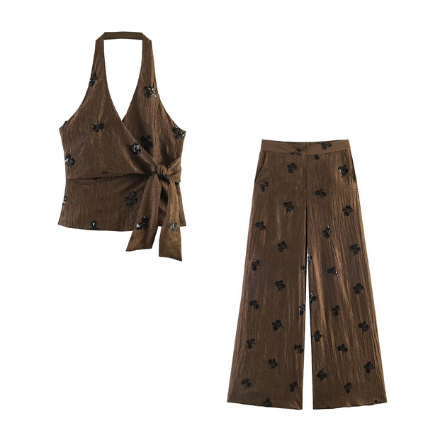 Women 20+ wide Palazzo pants with high waist, crinkle effect and embroidered sequin appliqués Mune Fashion