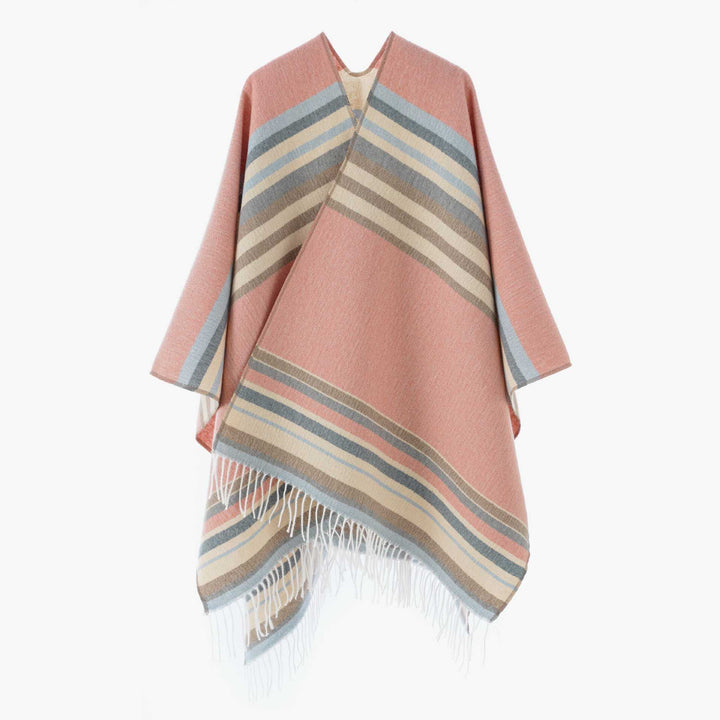 Women's Striped Wool Blend Poncho with Fringed Hem Mune Fashion