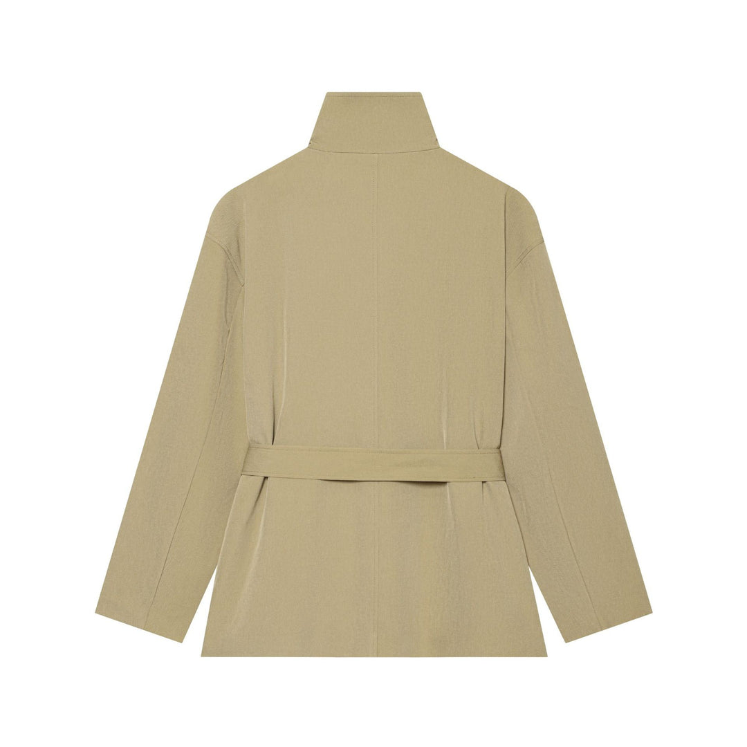 Women Short Fitted Trench with High Stand-up Collar and Tie Belt Mune Fashion
