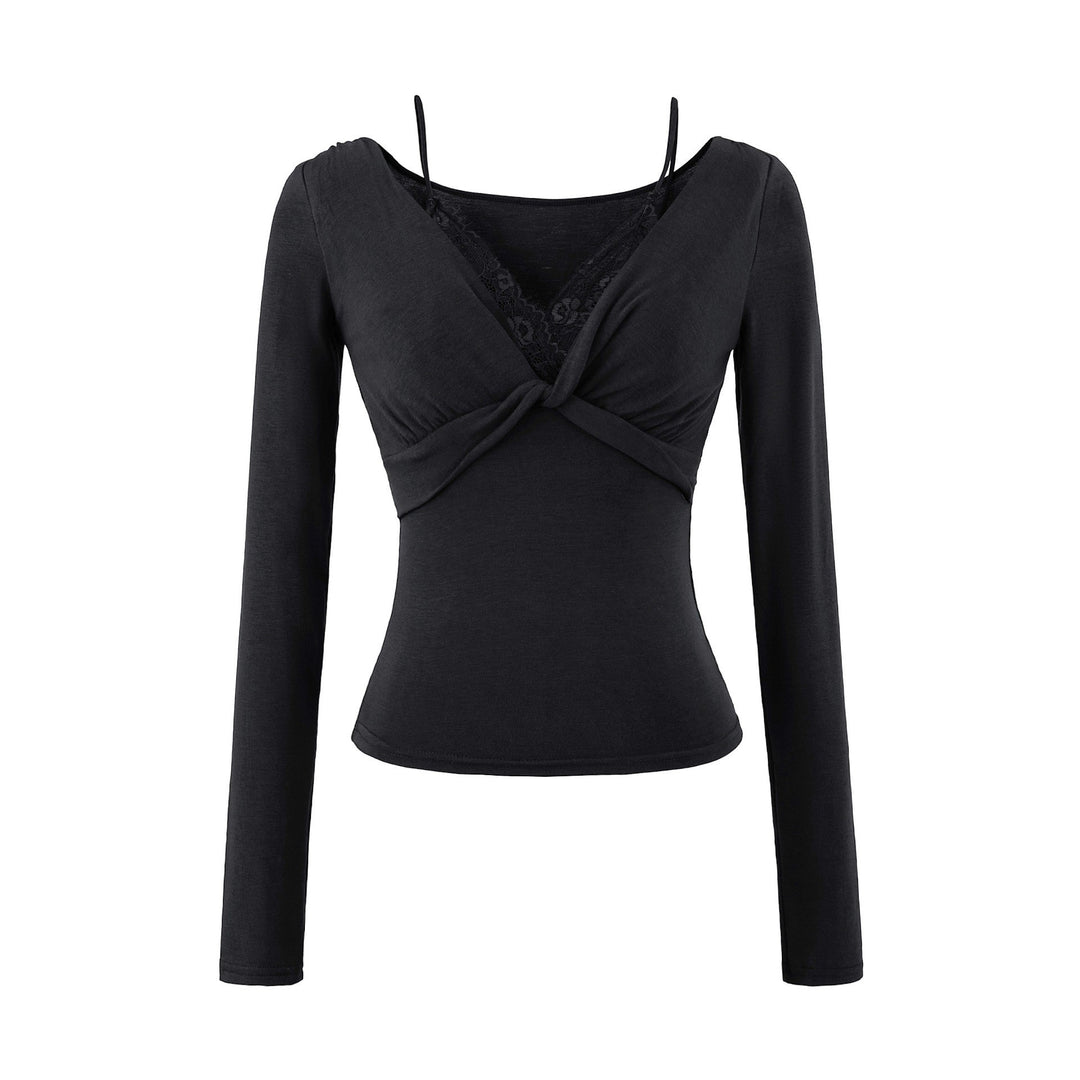 Women’s Figure-Hugging Long Sleeve Top with Twist Detail, Lace Insert and V-Neck