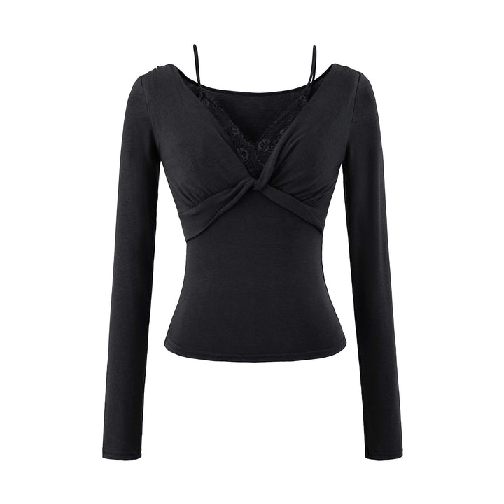 Women’s Figure-Hugging Long Sleeve Top with Twist Detail, Lace Insert and V-Neck