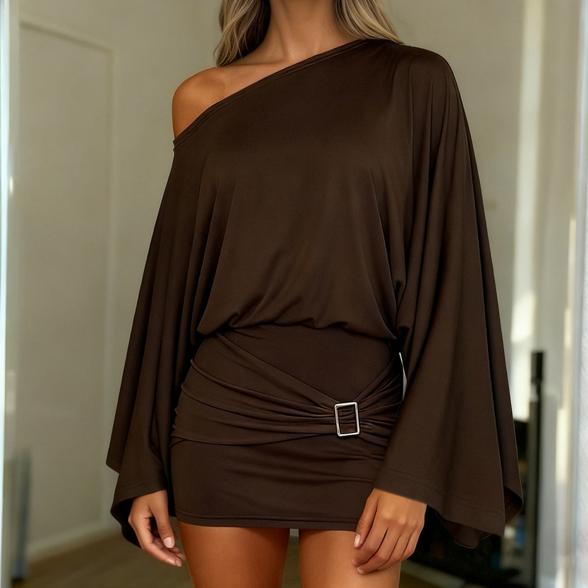 Women's Asymmetrical Draped One-Shoulder Top with Waterfall Sleeves and Waist Belt Mune Fashion