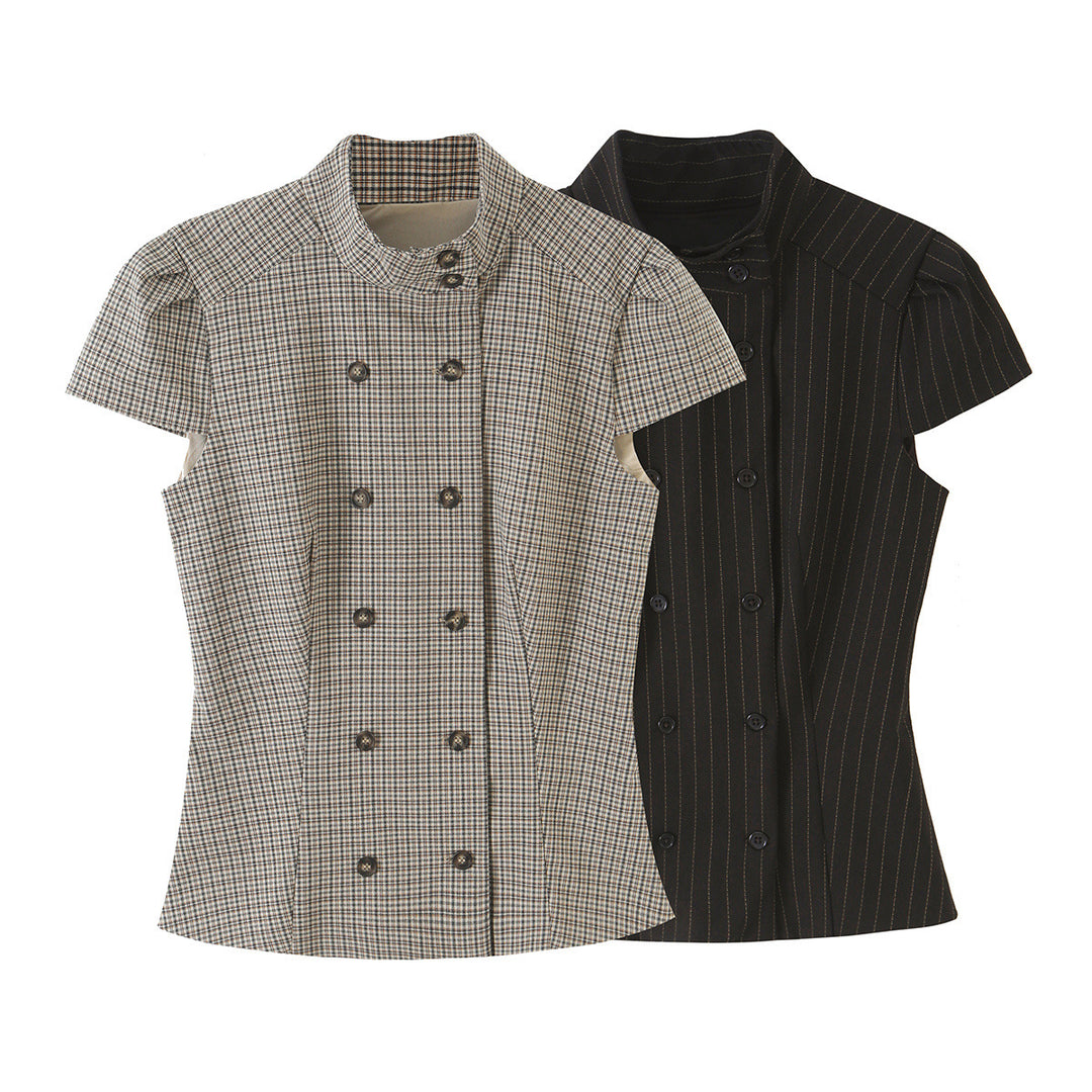Women Tailored Short Sleeve Waistcoat with Pinstripes and Double Button Placket Mune Fashion