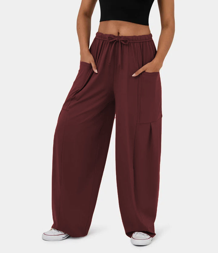 Women's Wide Relaxed Pants with High Elastic Waistband, Drawstring and Large Cargo Pockets Mune Fashion