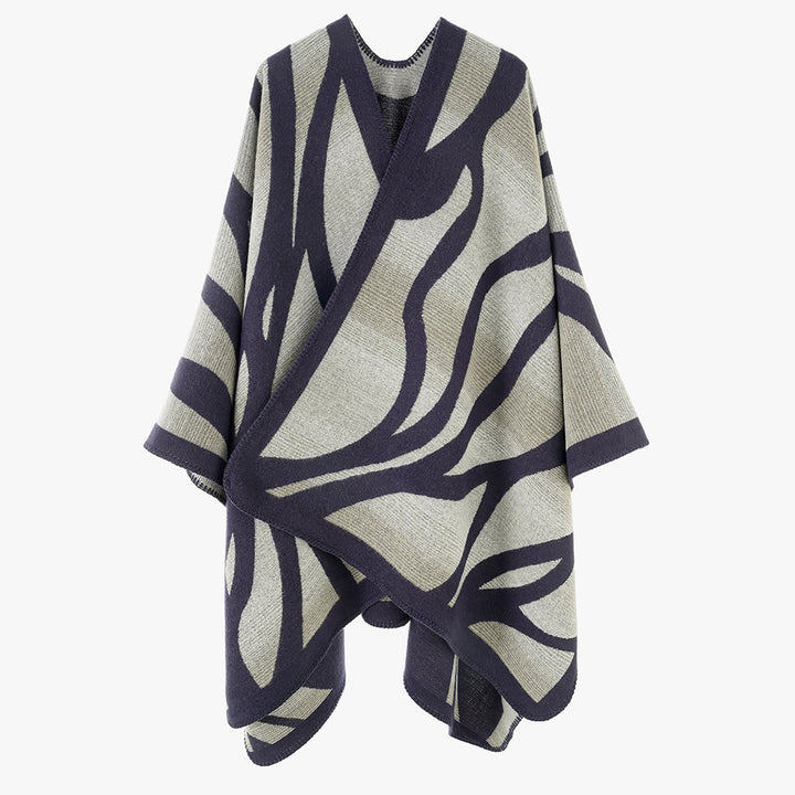 Women's textured knit cape with asymmetric wrap style and jacquard pattern Mune Fashion