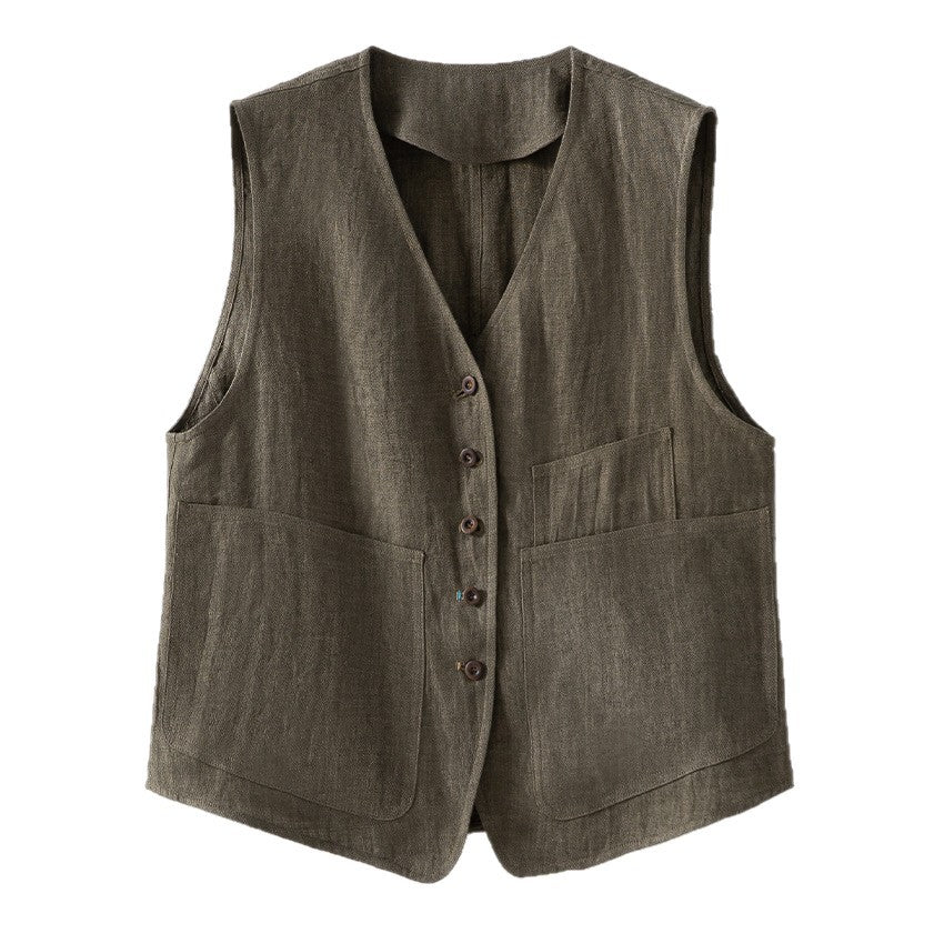 Women's Lightweight Linen Utility Look Vest with V-Neck and Large Patch Pockets Mune Fashion