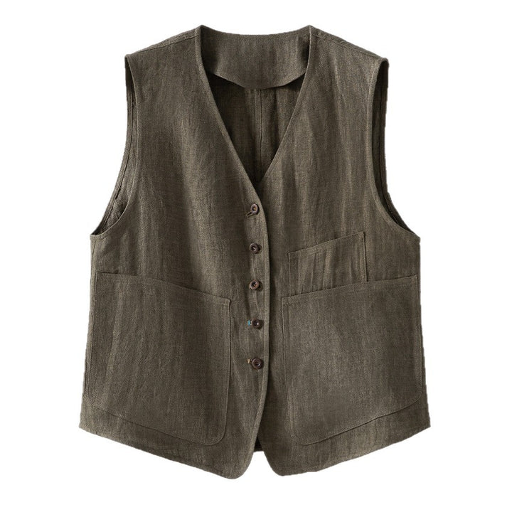 Women's Lightweight Linen Utility Look Vest with V-Neck and Large Patch Pockets Mune Fashion