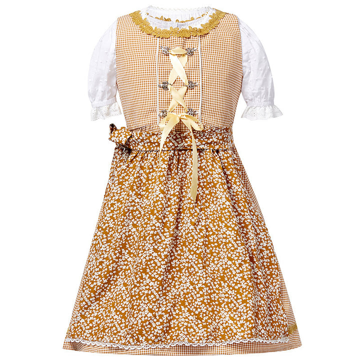 Women's traditional dirndl set with laced bodice, embroidered puff blouse and removable apron Mune Fashion