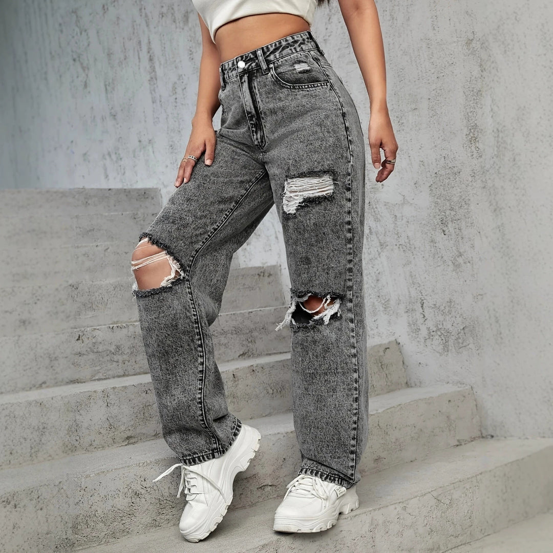 Ladies High-Waist Destroyed Wide-Leg Jeans with Knee Cutouts Mune Fashion