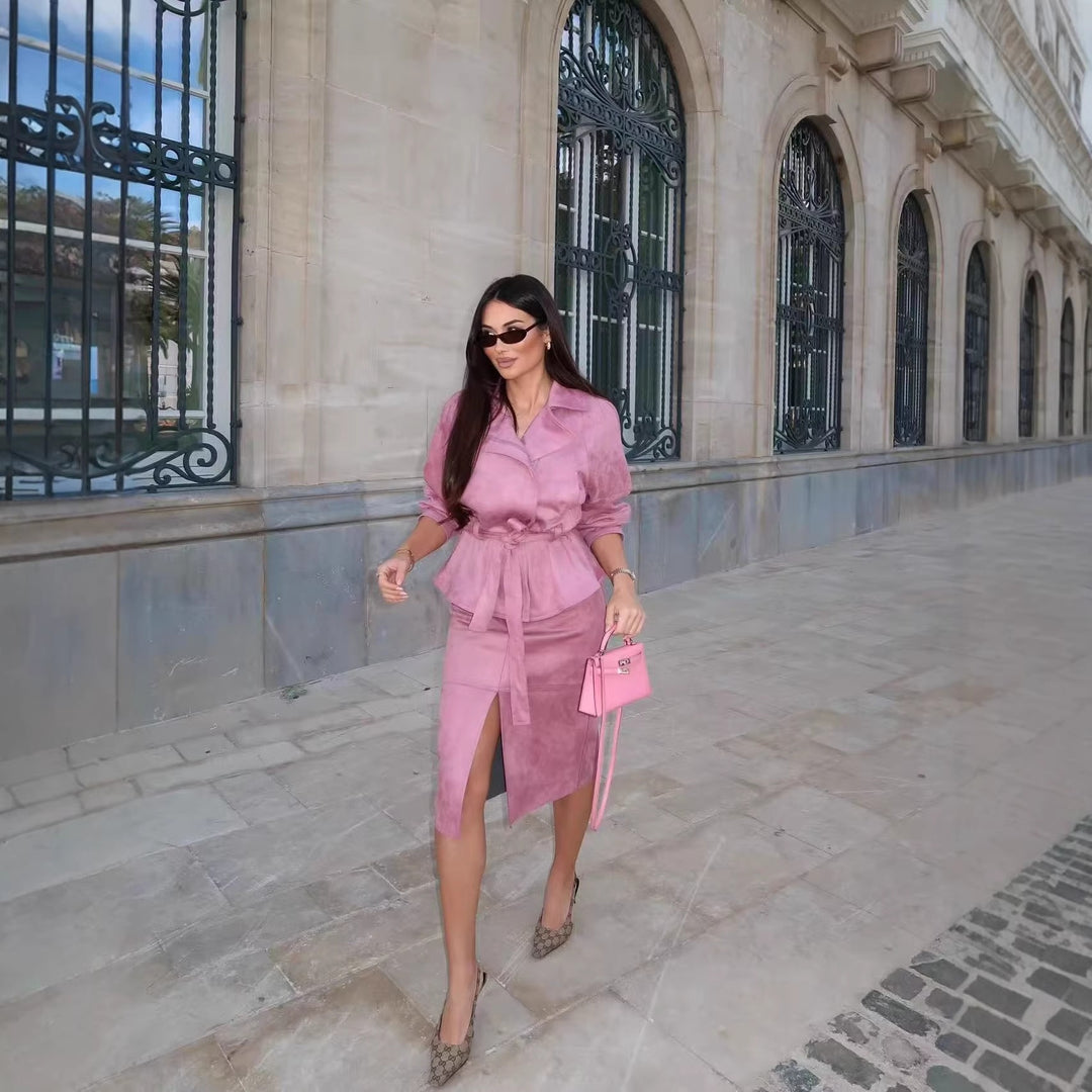 Women's short jacket with belted waist, asymmetrical lapel, and peplum hem Mune Fashion