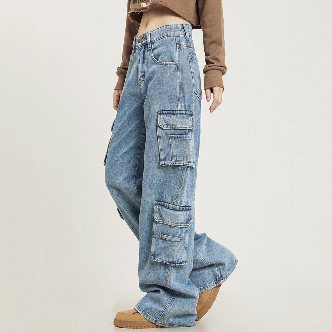 Women's Loose Cargo Denim Jeans with Multiple Flap Pockets and Relaxed Fit Mune Fashion