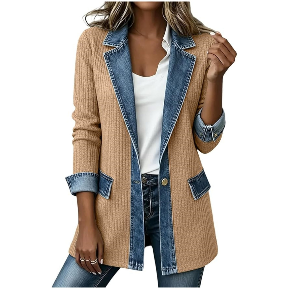 Ladies' knit blazer with denim trim and lapel collar Mune Fashion