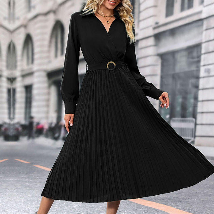 Women Elegant Pleated Dress with Belt Mune Fashion