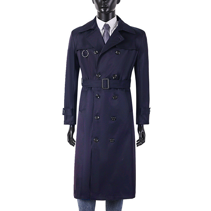 Men's double-breasted trench coat with waist tailoring, lapel collar, and decorative metal ring Mune Fashion