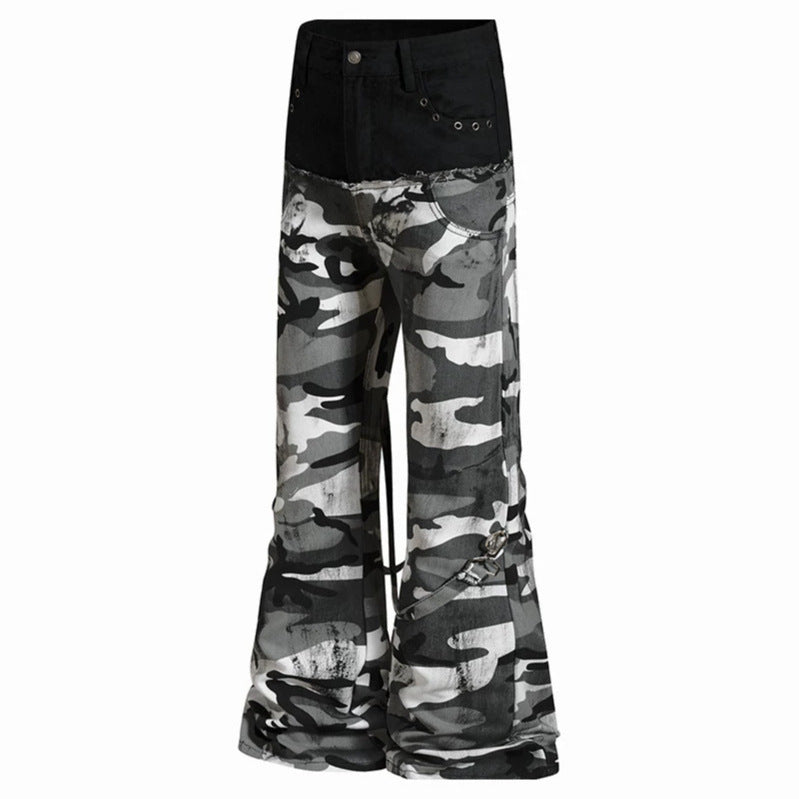 Ladies Wide High-Waist Cargo Pants in Camouflage Look with Bondage Straps Mune Fashion