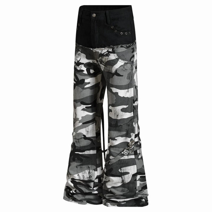 Ladies Wide High-Waist Cargo Pants in Camouflage Look with Bondage Straps Mune Fashion