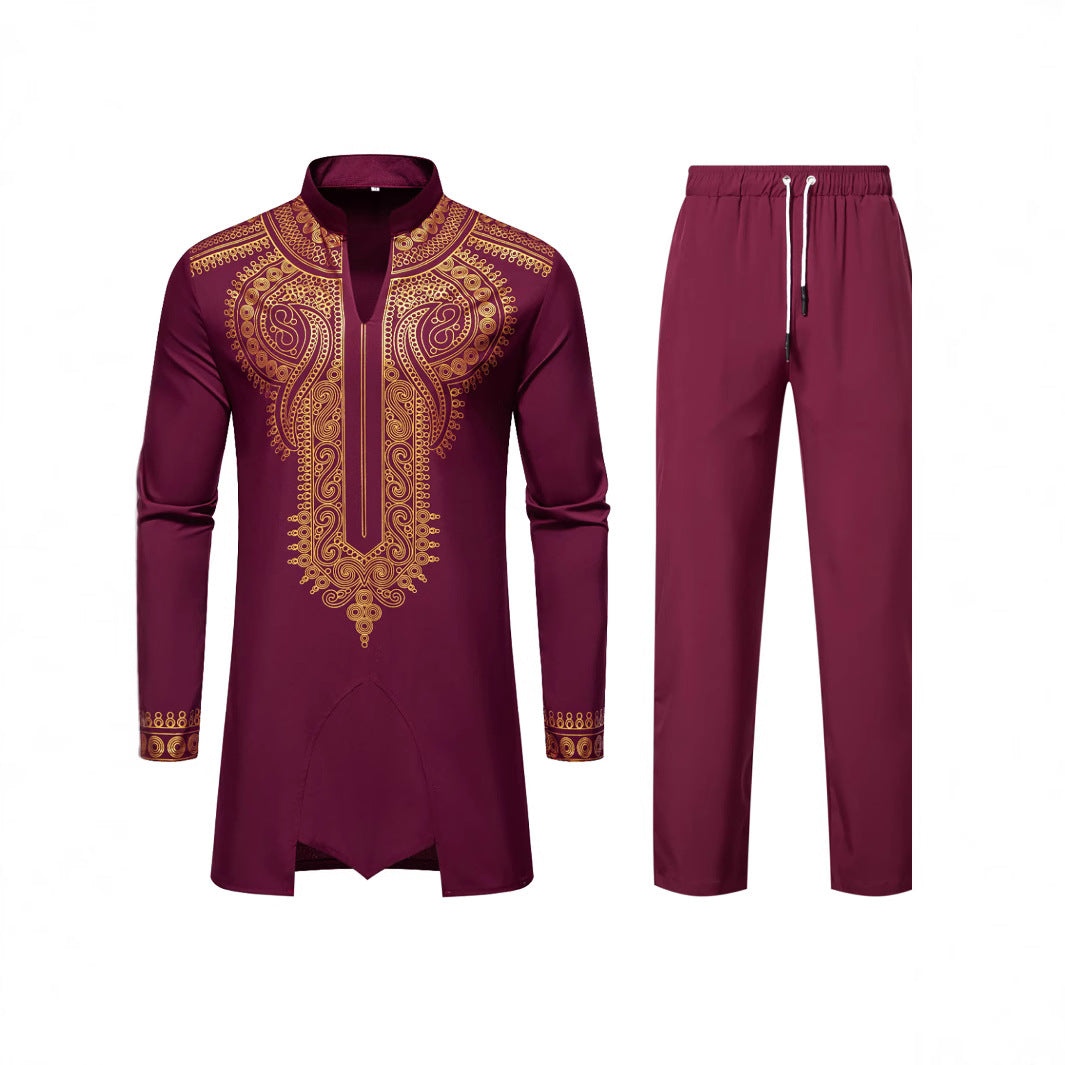 Men's Traditional Embroidered Tunic Set with Mandarin Collar and Elastic Pants Mune Fashion