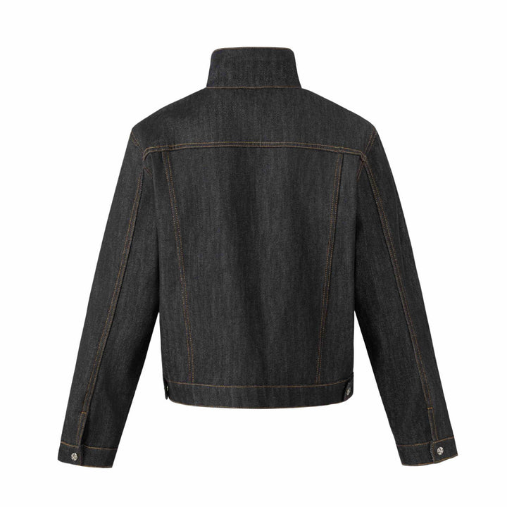 Unisex Short Cut Denim Jacket with High Stand-Up Collar and Decorative Seams Mune Fashion