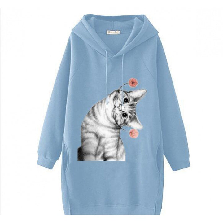 Ladies Oversize Hooded Dress made of Sweat Fabric with Large Cat Print and Side Pockets Mune Fashion
