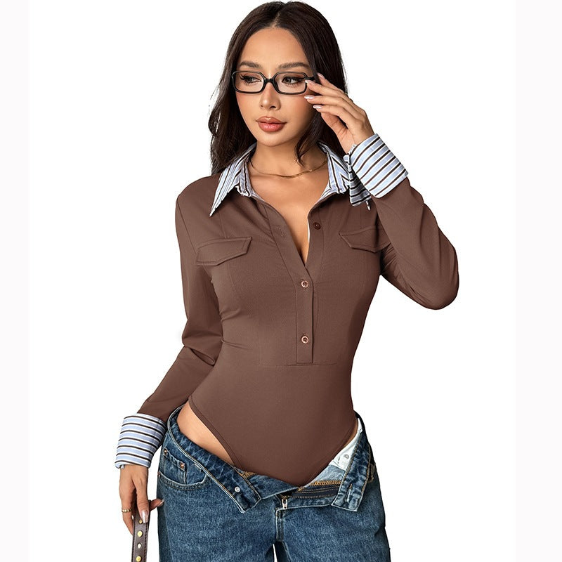 Women Elegant Long Sleeve Bodysuit with Shirt Collar and Button Details Mune Fashion
