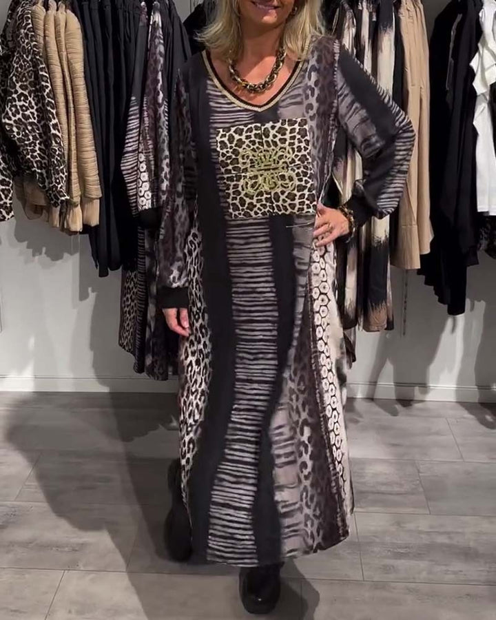 Ladies flowing panel long dress with patchwork animal print and gold-colored chest application Mune Fashion