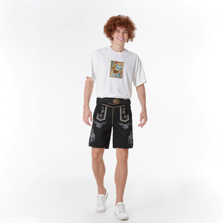 Men's short traditional leather trousers with intricate embroidery and decorative buckle Mune Fashion