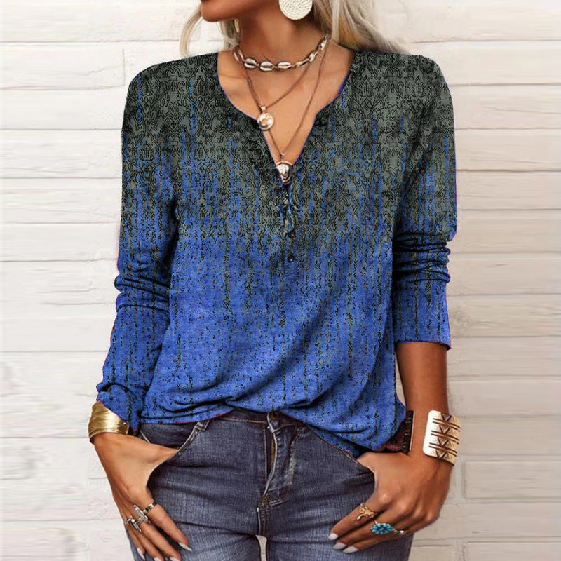 Women Loose Long Sleeve Henley Shirt with V-Neck, Button Placket and Ombre Print Mune Fashion