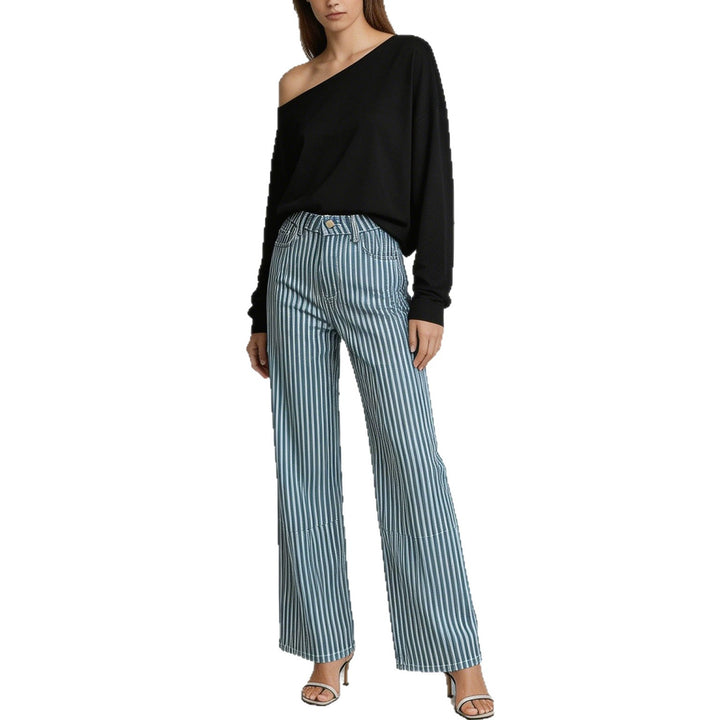 Ladies wide High-Waist Palazzo pants with vertical stripe design and quilted knee areas Mune Fashion