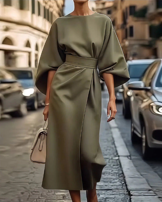 Ladies Elegant Midi Dress with Wide Kimono Sleeves, Tailored Belt and Draped A-Line Mune Fashion